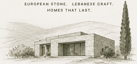 Architectural sketch of a modern stone residence in a Mediterranean landscape