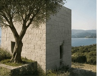 Modern stone volume beside an olive tree with a Mediterranean view
