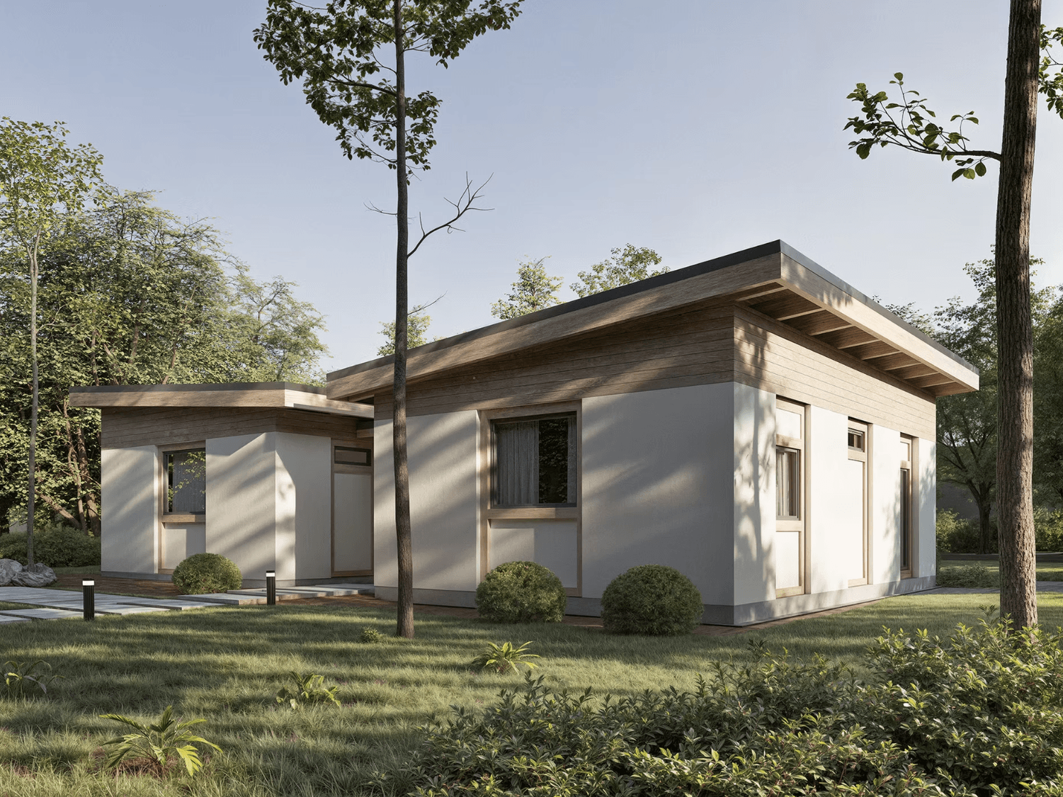Low-profile modern home with timber cladding and white walls in a wooded setting